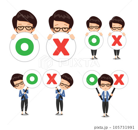 A person in a suit is holding a signpost with correct and incorrect answers. 105731991