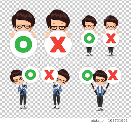 A person in a suit is holding a signpost with correct and incorrect answers. 105731991