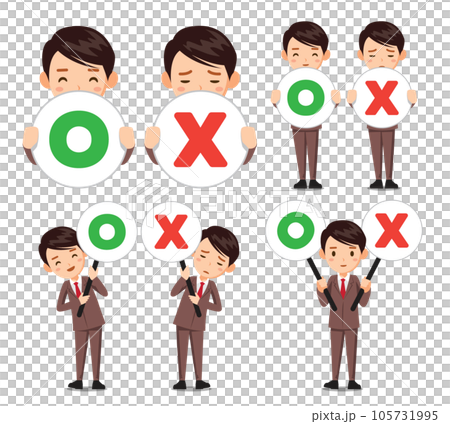 A person in a suit is holding a signpost with correct and incorrect answers. 105731995