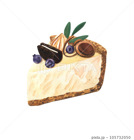 Watercolor dessert, piece of cheesecake and sweet decor. Hand-drawn illustration isolated on white background. Perfect food menu, food drawing, design packing, print. Watercolor dessert, piece of cheesecake and sweet decor. Hand-drawn illustration isolated on white background. Perfect food menu, food drawing, design packing, print. 105732050