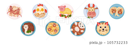 Food for Kids on Plates Serving Ideas Top View Vector Set Food for Kids on Plates Serving Ideas Top View Vector Set 105732233