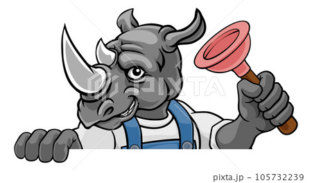 Rhino Plumber Cartoon Mascot Holding Plunger Rhino Plumber Cartoon Mascot Holding Plunger 105732239