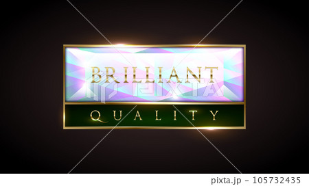 Brilliant quality product banner tag. Premium rectangle diamond label with golden frame and green line on black background. Dark luxury logo template. Vector illustration 105732435