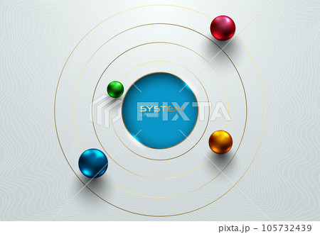Shiny metallic spheres orbit around cut blue center frame on white background. Science or education futuristic abstract design. Solar system golden circle tech style vector illustration Shiny metallic spheres orbit around cut blue center frame on white background. Science or education futuristic abstract design. Solar system golden circle tech style vector illustration 105732439