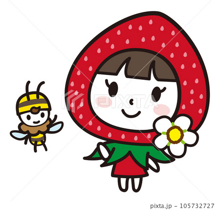 いちごの女の子とミツバチのキャラクターイラスト いちごの女の子とミツバチのキャラクターイラスト 105732727
