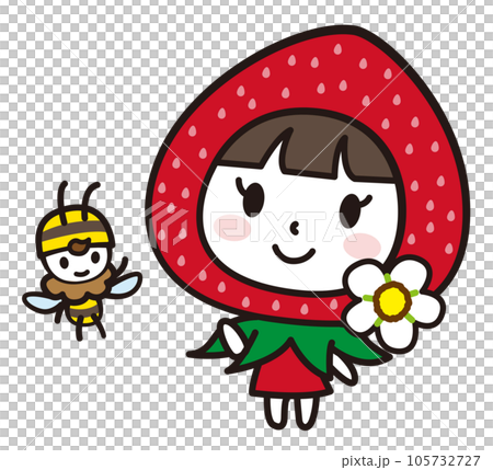 いちごの女の子とミツバチのキャラクターイラスト いちごの女の子とミツバチのキャラクターイラスト 105732727