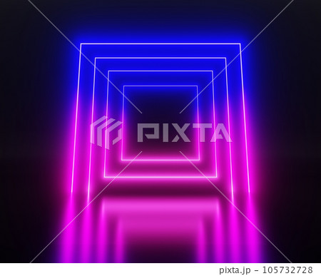 Futuristic neon portal, tunnel of square light frames, glow blue pink gate of led lamps on water surface 3d render. Modern art gallery, cyber space stage on black abstract background. 3D illustration Futuristic neon portal, tunnel of square light frames, glow blue pink gate of led lamps on water surface 3d render. Modern art gallery, cyber space stage on black abstract background. 3D illustration 105732728