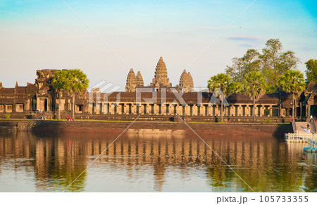 Ancient ruins Angkor Wat temple - famous Cambodian landmark. Siem Reap, Cambodia. Ancient ruins Angkor Wat temple - famous Cambodian landmark. Siem Reap, Cambodia. 105733355