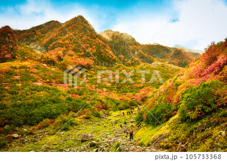 秋は登山の季節、紅葉する穂高、涸沢カールへの道は絶景 秋は登山の季節、紅葉する穂高、涸沢カールへの道は絶景 105733368
