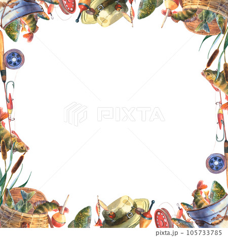 Watercolor illustration, frame with empty place for text, fishes, fishing rod, fishing net. Perch tangled in a fishing net isolated on white background. Clip art element for design, postcards, poster 105733785
