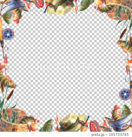Watercolor illustration, frame with empty place for text, fishes, fishing rod, fishing net. Perch tangled in a fishing net isolated on white background. Clip art element for design, postcards, poster 105733785