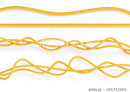 Gold ropes, straight and wavy twisted twines isolated on white background. Realistic 3d render set of jute or hemp cords with loops, metal cables or strings, decoration curved borders. 3D illustration Gold ropes, straight and wavy twisted twines isolated on white background. Realistic 3d render set of jute or hemp cords with loops, metal cables or strings, decoration curved borders. 3D illustration 105733801
