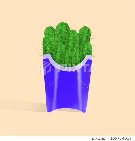 Contemporary art collage of french cactuses as fries, chips in blue box. Modern artwork. Copy space for ad. Contemporary art collage of french cactuses as fries, chips in blue box. Modern artwork. Copy space for ad. 105734015