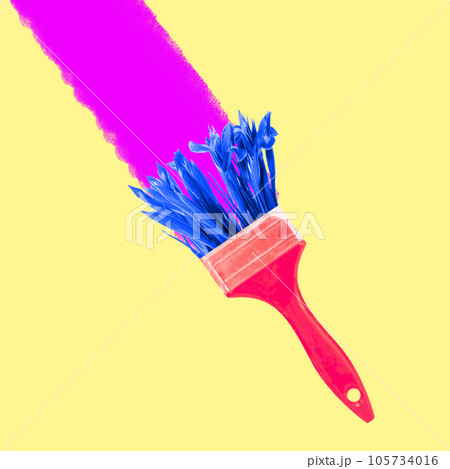 Contemporary art collage. Paint brush with grass dripping pink paint on pastel yellow background. Execution of painting works. 105734016