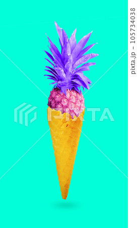Modern conceptual art poster with ice cream cone with bright rose-purple tropical pineapple over vivid cyan background. 105734038