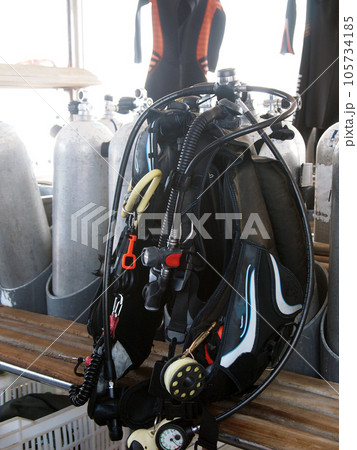 Dive boat, diving equipment. Assembled diving kit prepared for diving.	 105734185