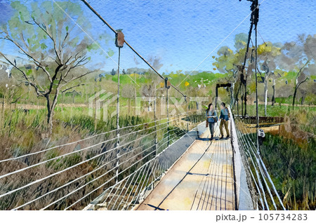 トレッキング　吊り橋を渡る風景　水彩イラスト　Generative AI 105734283