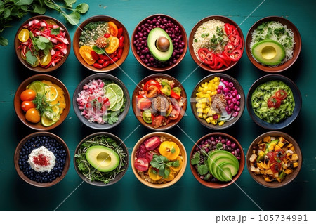 Table set with healthy food in bowls 105734991