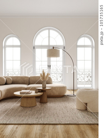 Contemporary classic white beige interior with green plant tree and decor carpet background. Large modern japanese lamp and nature front view. 3d rendering illustration. High quality 3d illustration 105735165