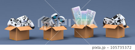 Set of gamer joysticks, vr glasses and keyboards in cardboard box on black Set of gamer joysticks, vr glasses and keyboards in cardboard box on black 105735372