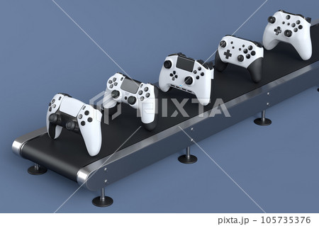 Set of gamer joysticks or gamepads on factory line on black background 105735376