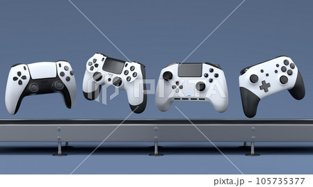 Set of gamer joysticks or gamepads on factory line on black background Set of gamer joysticks or gamepads on factory line on black background 105735377