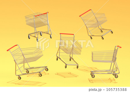 Set of flying shopping carts or trolley for groceries on yellow background. 105735388