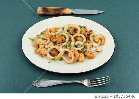 Roasted seafood, top view. Roasted seafood, top view. 105735446