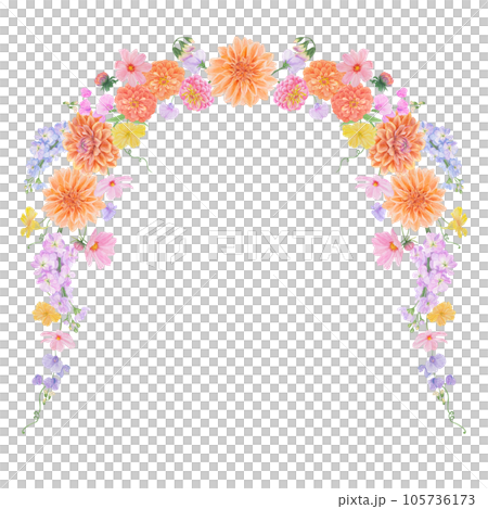 Watercolor botanical colourful frame of summer and autumn flowers: dahlia, zinnia, lathyrus, gillyflower, nasturtium. Good for wedding print products, paper, invitations, greetings, fabric, posters Watercolor botanical colourful frame of summer and autumn flowers: dahlia, zinnia, lathyrus, gillyflower, nasturtium. Good for wedding print products, paper, invitations, greetings, fabric, posters 105736173