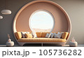 Sofa in vintage interior against round window Sofa in vintage interior against round window 105736282