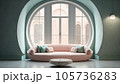 Sofa in vintage interior against round window Sofa in vintage interior against round window 105736283