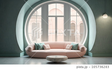 Sofa in vintage interior against round window Sofa in vintage interior against round window 105736283