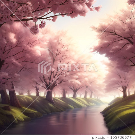 夕暮れ時の桜とゴルフ場 105736677