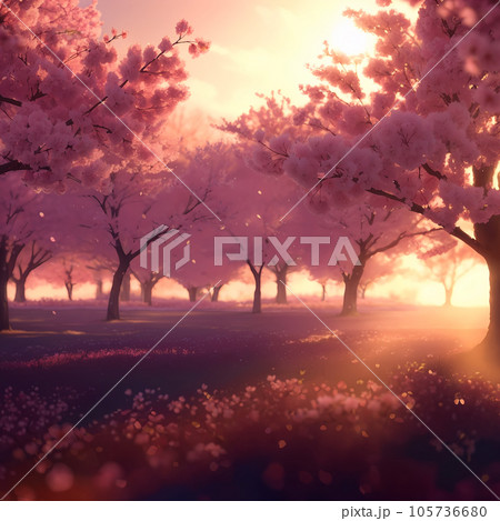 夕日に染まる桜 105736680