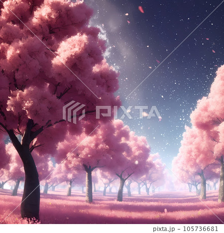 幻想的な夜空に満開の桜が咲いた丘の風景 105736681