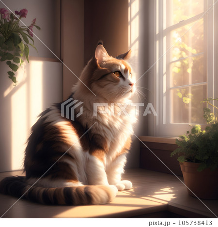 ねこ 三毛猫 窓 光 リアル 「AI生成画像」 ねこ 三毛猫 窓 光 リアル 「AI生成画像」 105738413