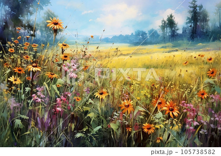 Beautiful wild flower field in summer season. Generative AI image. 105738582