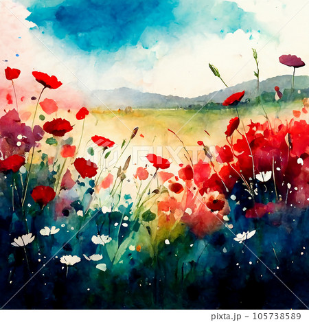 Generative AI image of Watercolor painting. Wild flower field with butterfly. 105738589