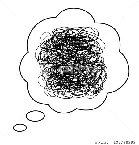 ぐちゃぐちゃに絡まった線の吹き出し。モヤモヤ、イライラ、ストレス、憂鬱、頭痛、悩みを表すアイコン。 105738595