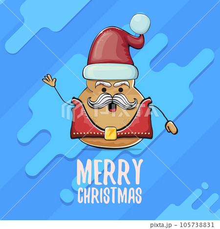 vector rock star Santa potato funny cartoon cute character with red Santa hat and calligraphic merry Christmas text isolated on abstract cartoon blue background. Christmas party poster or card 105738831