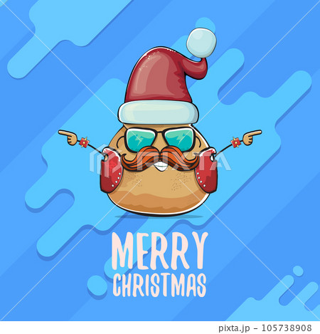 vector rock star Santa potato funny cartoon cute character with red Santa hat and calligraphic merry Christmas text isolated on abstract cartoon blue background. Christmas party poster or card 105738908