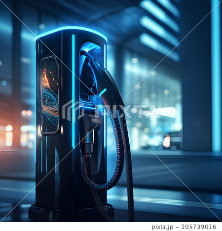 electronic car charging station stops refueling points and electric car battery, hand push button starting power, EV electric car of the future, environmentally friendly energy 105739016