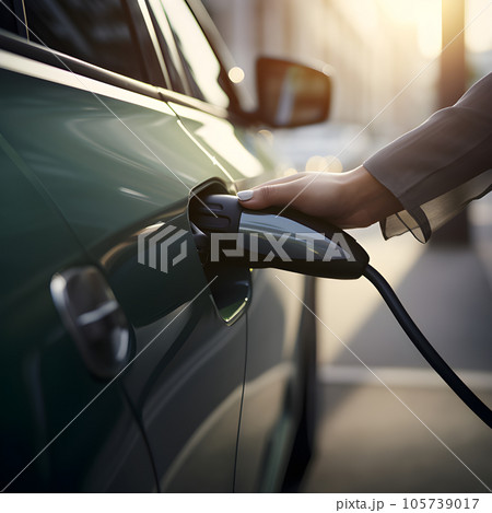 electronic car charging station stops refueling points and electric car battery, hand push button starting power, EV electric car of the future, environmentally friendly energy 105739017