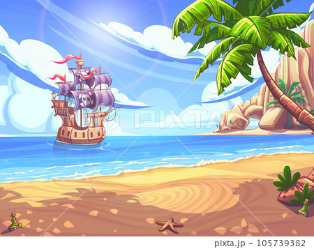Pirate ship sails under filled sails into bay of island 105739382
