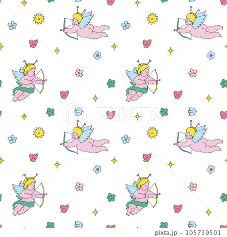 Beautiful vector kid seamless pattern with cute hand drawn little putti angels with flowers and hearts. Stock illustration. 105739501