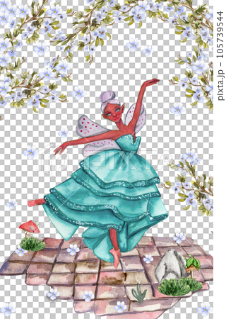 Composition with cartoon fairy with magic wings, flowers and butterflies. Watercolor hand drawn illustration . Perfect for greeting card, poster, wedding invitation, party decor. Composition with cartoon fairy with magic wings, flowers and butterflies. Watercolor hand drawn illustration . Perfect for greeting card, poster, wedding invitation, party decor. 105739544