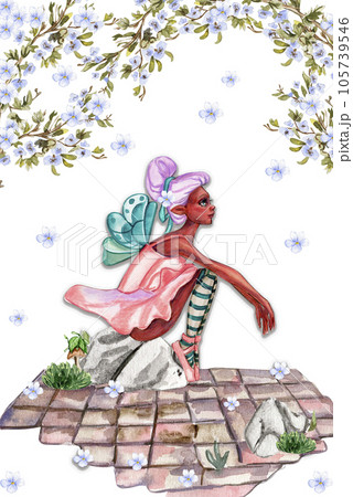 Composition with cartoon fairy with magic wings, flowers and butterflies. Watercolor hand drawn illustration . Perfect for greeting card, poster, wedding invitation, party decor. Composition with cartoon fairy with magic wings, flowers and butterflies. Watercolor hand drawn illustration . Perfect for greeting card, poster, wedding invitation, party decor. 105739546