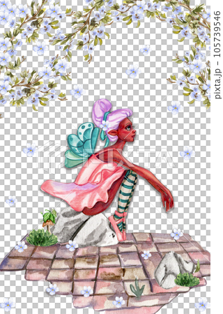 Composition with cartoon fairy with magic wings, flowers and butterflies. Watercolor hand drawn illustration . Perfect for greeting card, poster, wedding invitation, party decor. Composition with cartoon fairy with magic wings, flowers and butterflies. Watercolor hand drawn illustration . Perfect for greeting card, poster, wedding invitation, party decor. 105739546