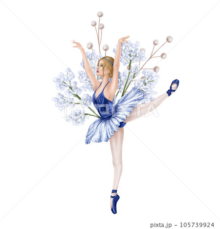 Dancing girl decorated with gypsophila flowers and decorative twigs. Theatrical performance of an elegant ballerina in a blue tutu and pointe shoes. Digital isolated illustration 105739924