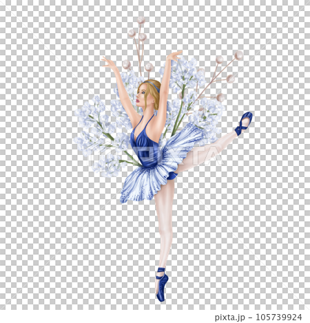 Dancing girl decorated with gypsophila flowers and decorative twigs. Theatrical performance of an elegant ballerina in a blue tutu and pointe shoes. Digital isolated illustration 105739924